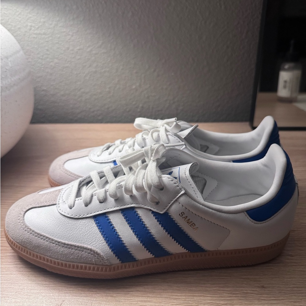 Adidas White and Blue Classic Samba Sneakers